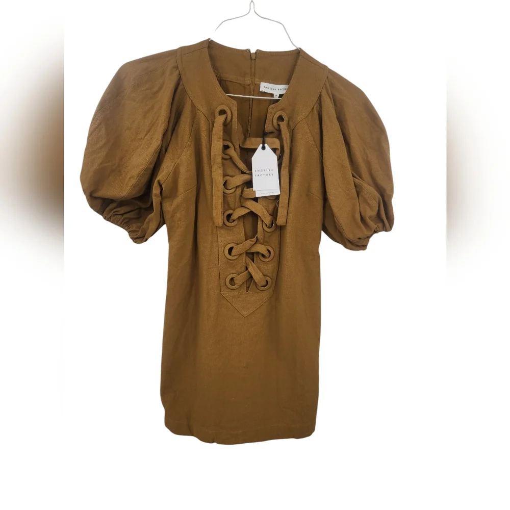 New English Factory Olive LACED UP PUFFED‎ SLEEVE MINI DRESS - Picture 2 of 11